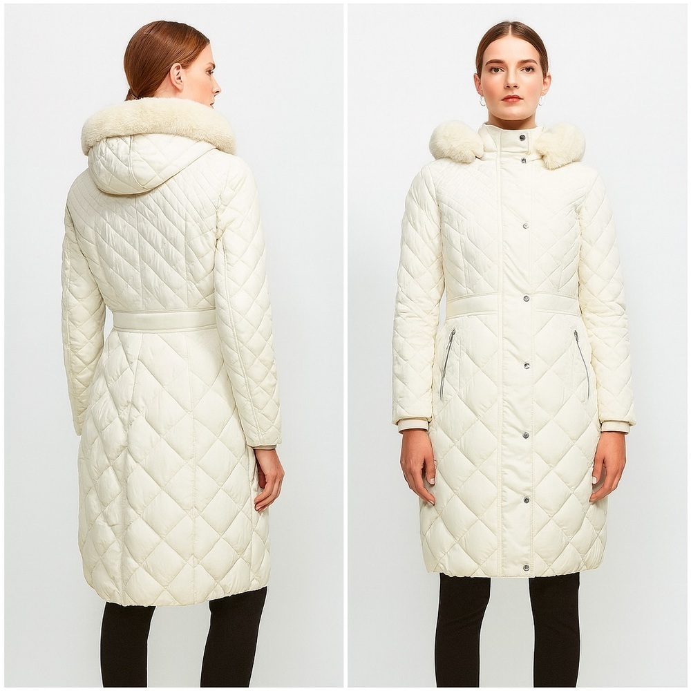 Karen Millen Women's Quilted Cream/ Pearl White Coat with Hood Size 2